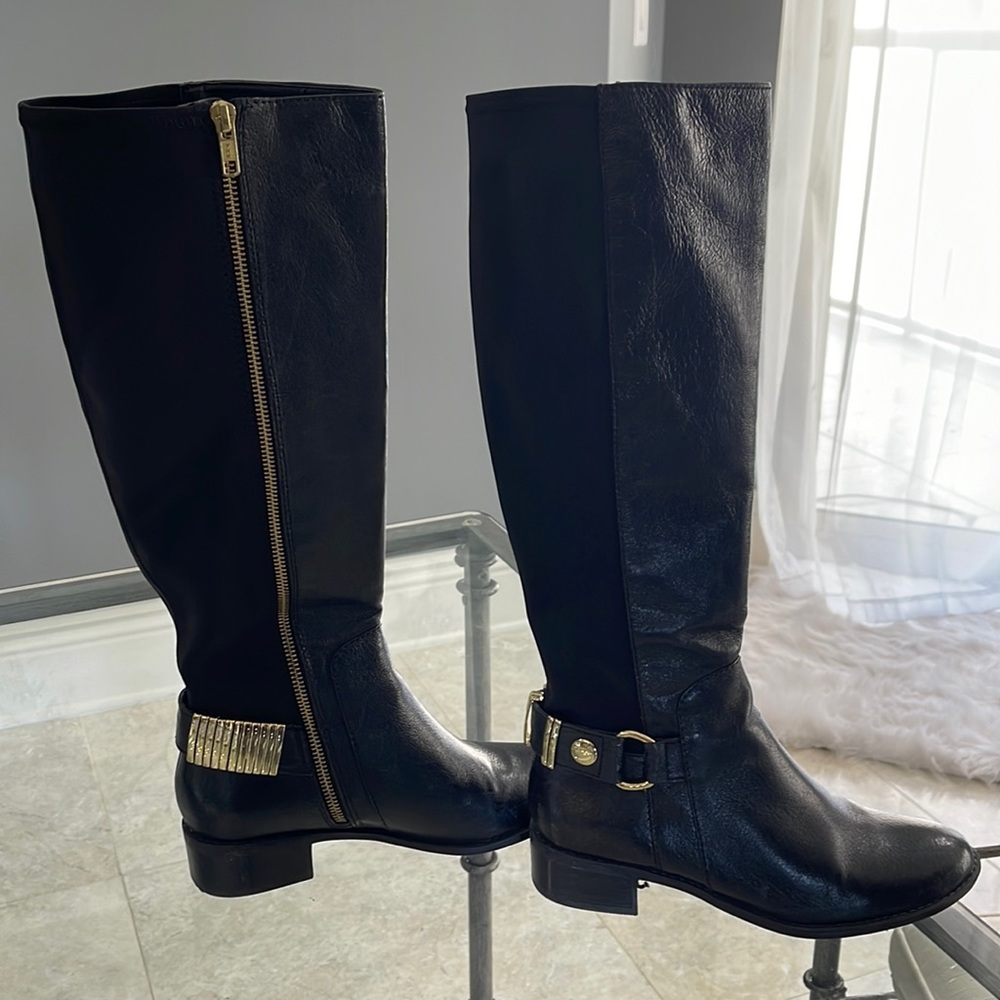 Steve Madden tall side zip gold detail Front leather back stretch flat knee boot
